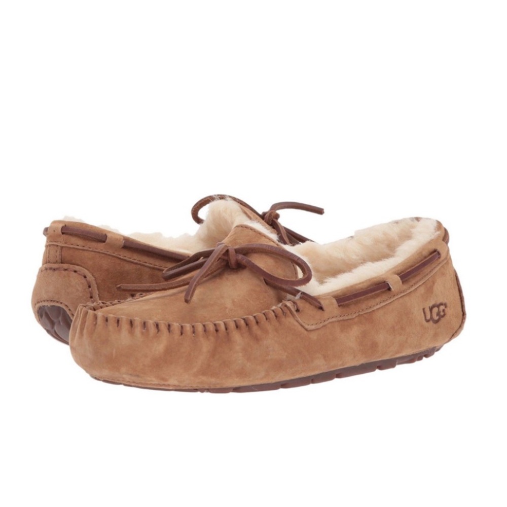 UGG Dakota Slipper Shoe Leather Chestnut Suede Slip On Moccasin Tassel Fur Wool